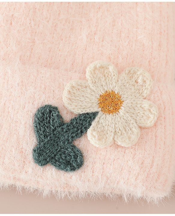 Babyhug Woollen Cap & Sets WIth Floral Applique in Khaki - Diameter 18 cm