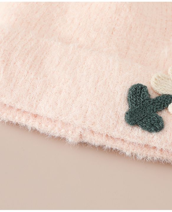 Babyhug Woollen Cap & Sets WIth Floral Applique in Khaki - Diameter 18 cm