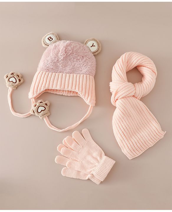 Babyhug Woollen Cap & Sets With Paw detailing in Pink - Diameter 19.5 cm