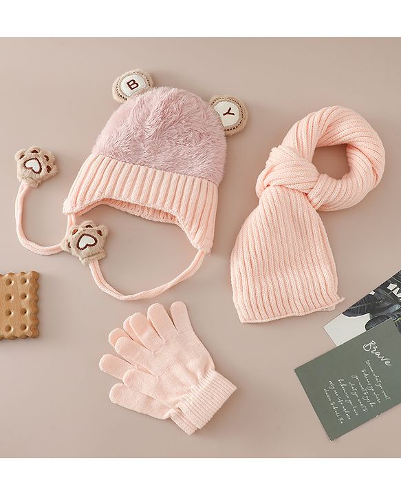 Babyhug Woollen Cap & Sets With Paw detailing in Pink - Diameter 19.5 cm