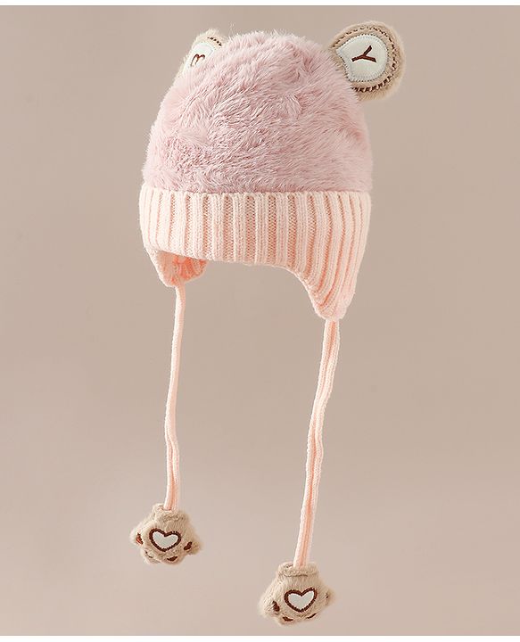 Babyhug Woollen Cap & Sets With Paw detailing in Pink - Diameter 19.5 cm