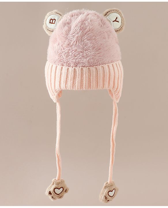 Babyhug Woollen Cap & Sets With Paw detailing in Pink - Diameter 19.5 cm