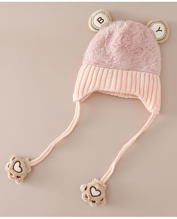 Babyhug Woollen Cap & Sets With Paw detailing in Pink - Diameter 19.5 cm