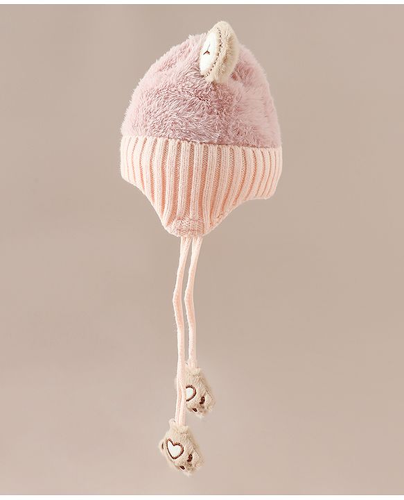 Babyhug Woollen Cap & Sets With Paw detailing in Pink - Diameter 19.5 cm