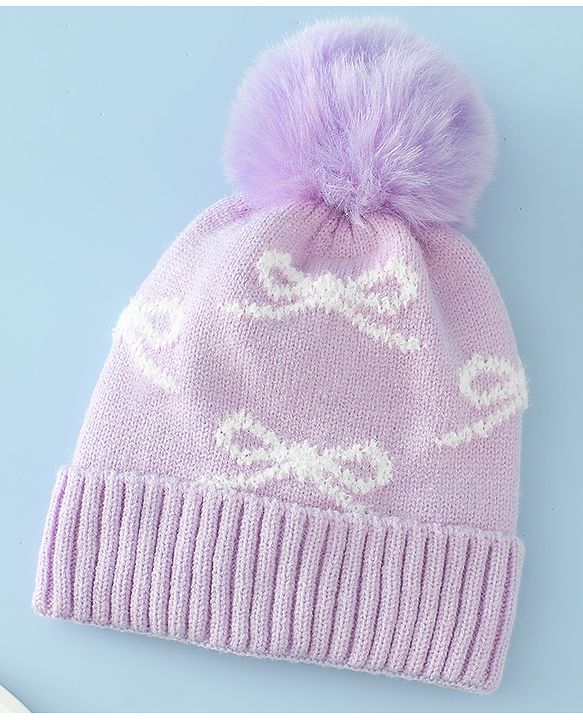 Babyhug Woollen Cap with Bow Print - Purple