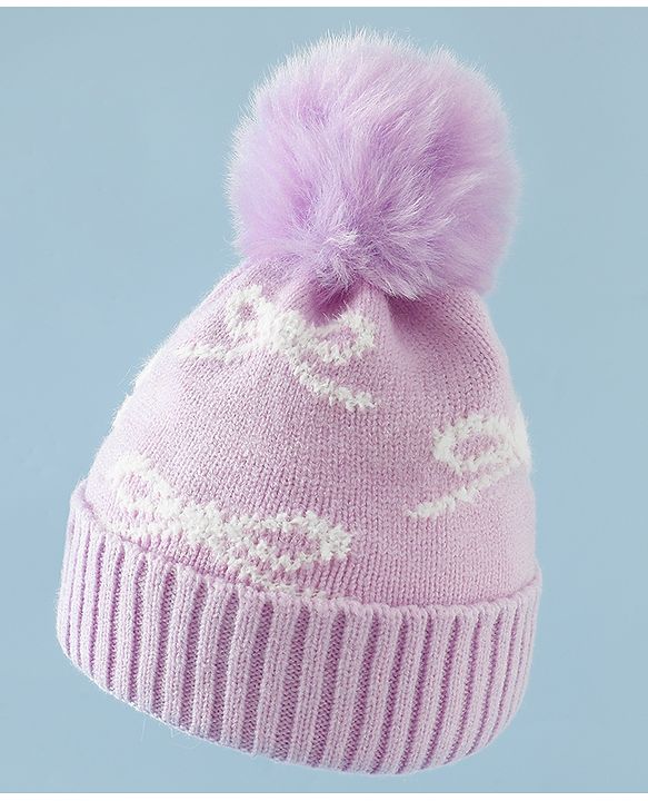 Babyhug Woollen Cap with Bow Print - Purple