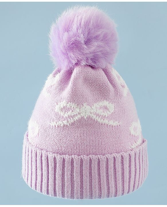 Babyhug Woollen Cap with Bow Print - Purple