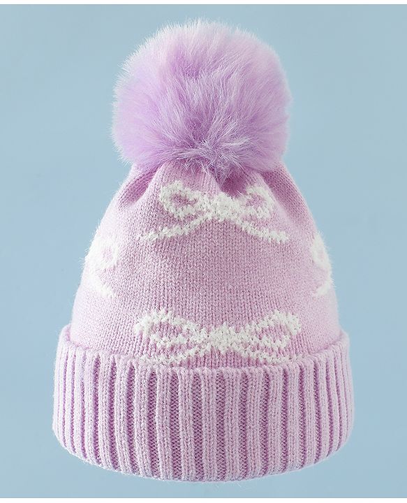 Babyhug Woollen Cap with Bow Print - Purple