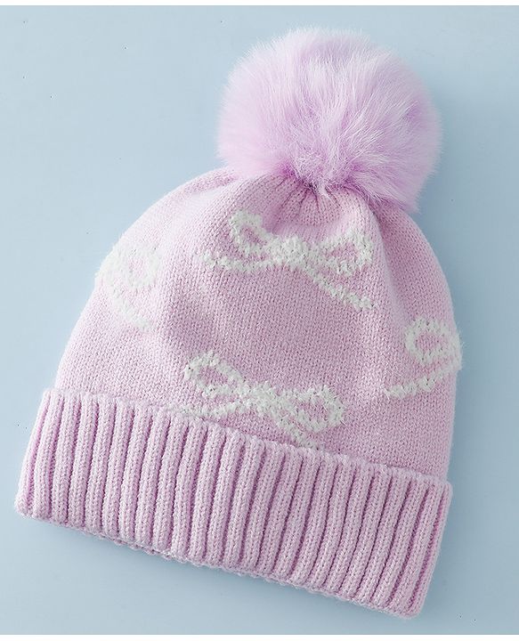 Babyhug Woollen Cap with Bow Print - Purple