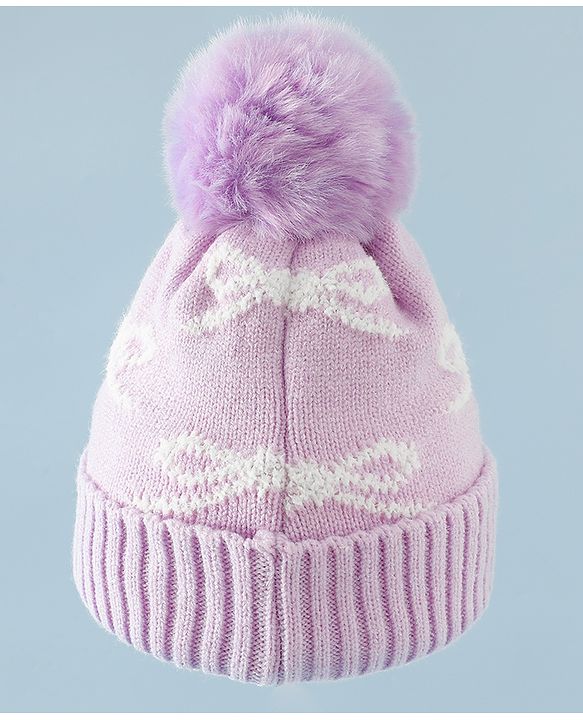 Babyhug Woollen Cap with Bow Print - Purple
