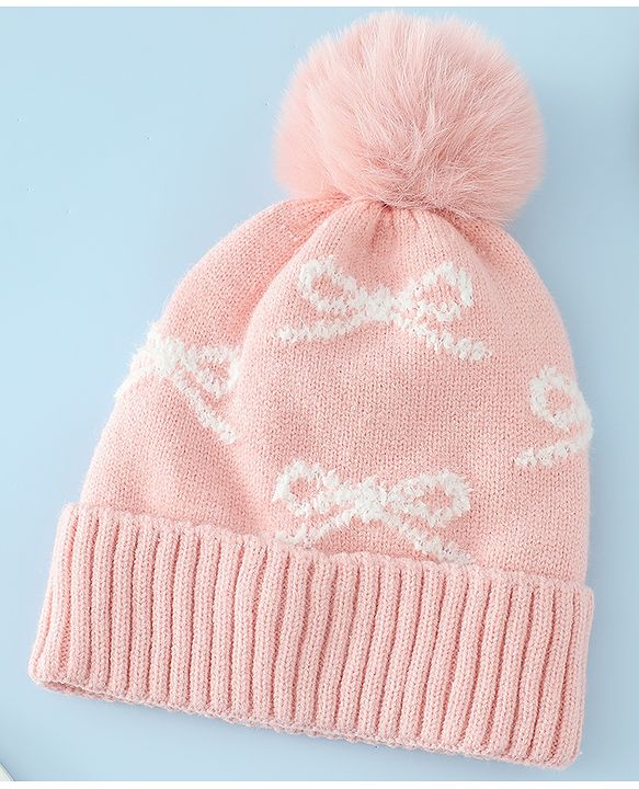 Babyhug Woollen Cap with Bow Print - Purple