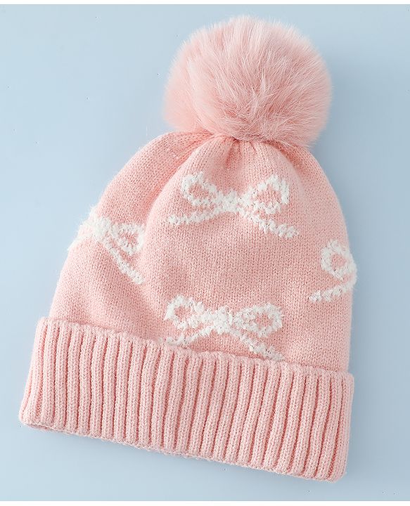 Babyhug Woollen Cap with Bow Print - Purple