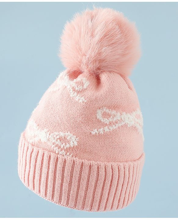 Babyhug Woollen Cap with Bow Print - Purple