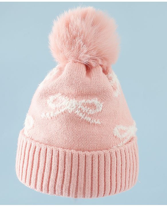Babyhug Woollen Cap with Bow Print - Purple