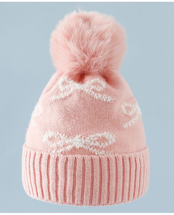 Babyhug Woollen Cap with Bow Print - Purple