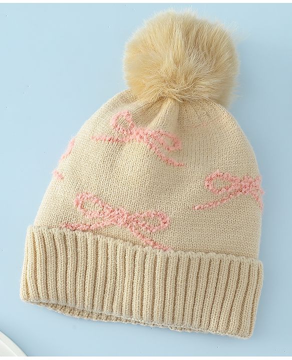 Babyhug Woollen Cap with Bow Print - Purple