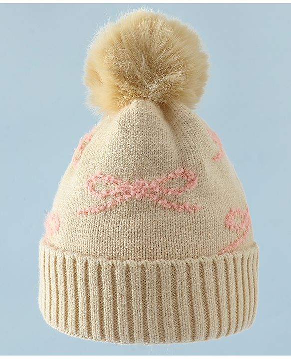 Babyhug Woollen Cap with Bow Print - Purple