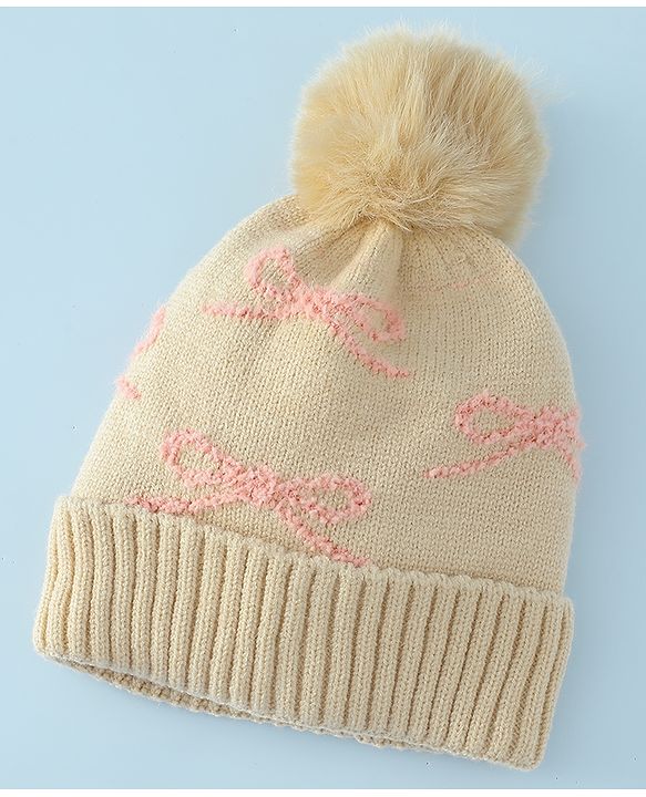 Babyhug Woollen Cap with Bow Print - Purple