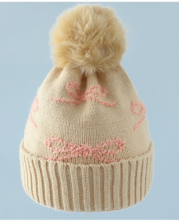 Babyhug Woollen Cap with Bow Print - Purple