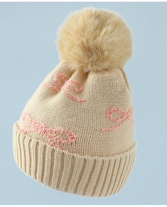 Babyhug Woollen Cap with Bow Print - Purple