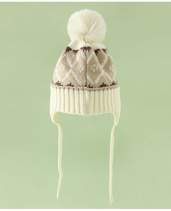 Babyhug Woollen Cap with Knot & Pom Pom with Geometric Design Khaki - Diameter 18.5 cm