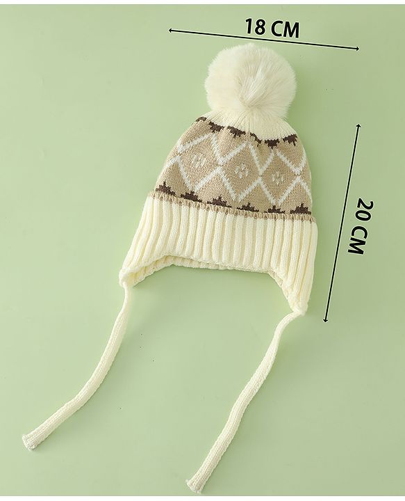 Babyhug Woollen Cap with Knot & Pom Pom with Geometric Design Khaki - Diameter 18.5 cm