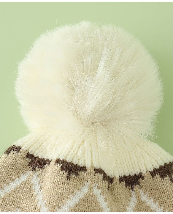 Babyhug Woollen Cap with Knot & Pom Pom with Geometric Design Khaki - Diameter 18.5 cm