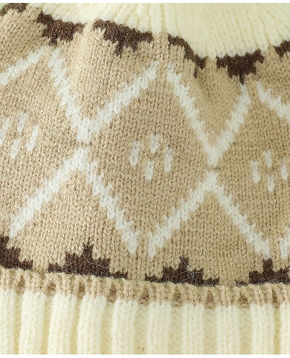 Babyhug Woollen Cap with Knot & Pom Pom with Geometric Design Khaki - Diameter 18.5 cm