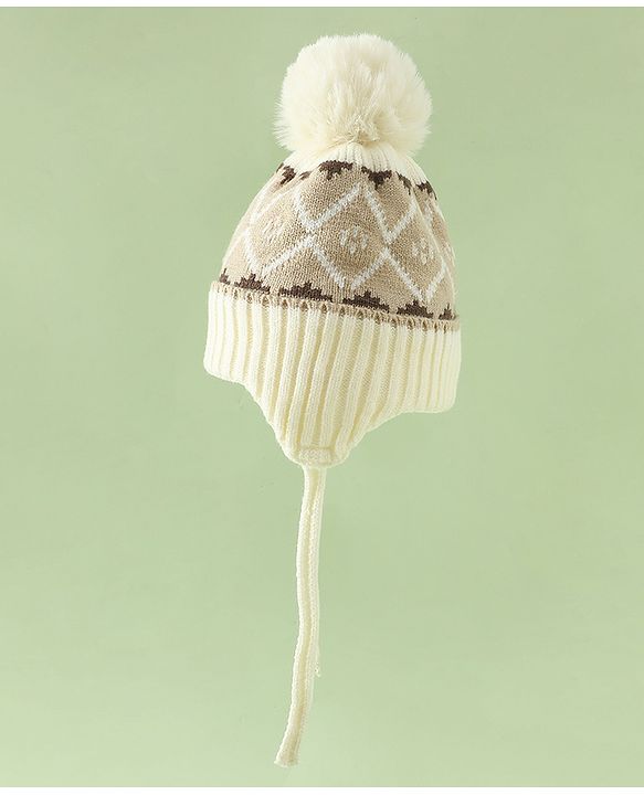 Babyhug Woollen Cap with Knot & Pom Pom with Geometric Design Khaki - Diameter 18.5 cm