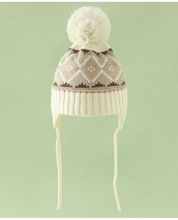Babyhug Woollen Cap with Knot & Pom Pom with Geometric Design Khaki - Diameter 18.5 cm