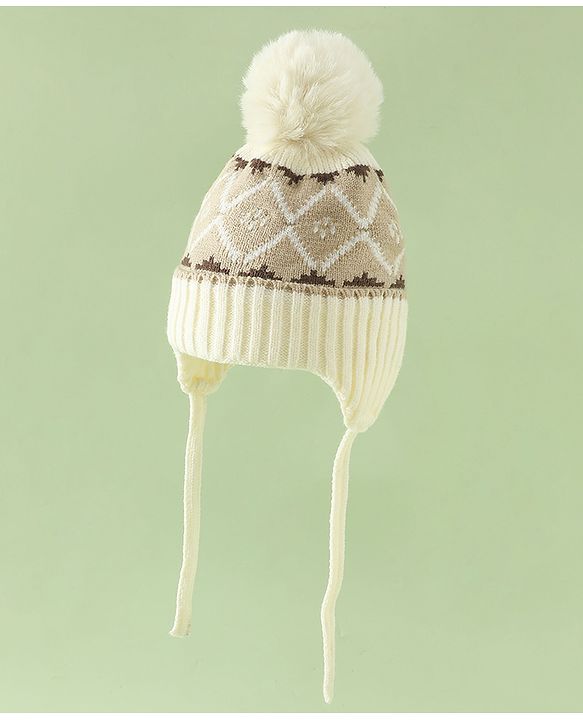 Babyhug Woollen Cap with Knot & Pom Pom with Geometric Design Khaki - Diameter 18.5 cm