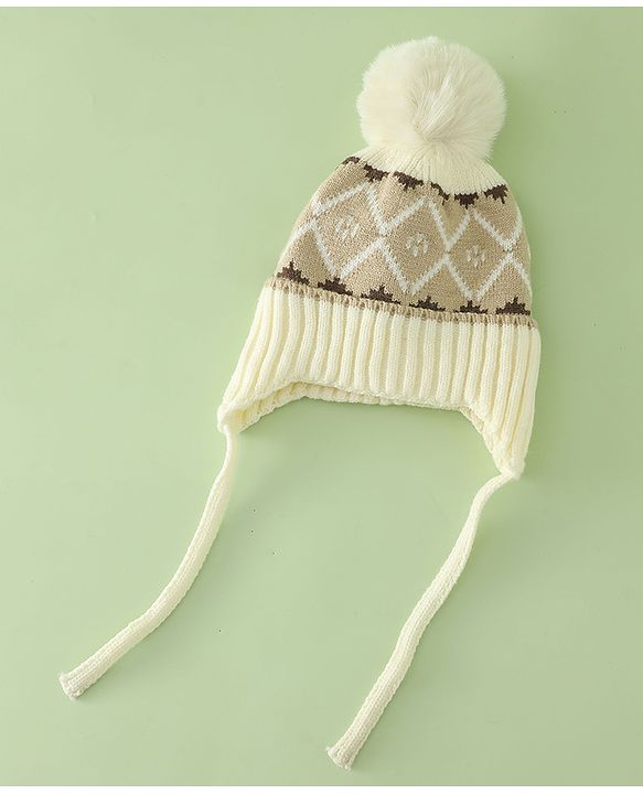 Babyhug Woollen Cap with Knot & Pom Pom with Geometric Design Khaki - Diameter 18.5 cm