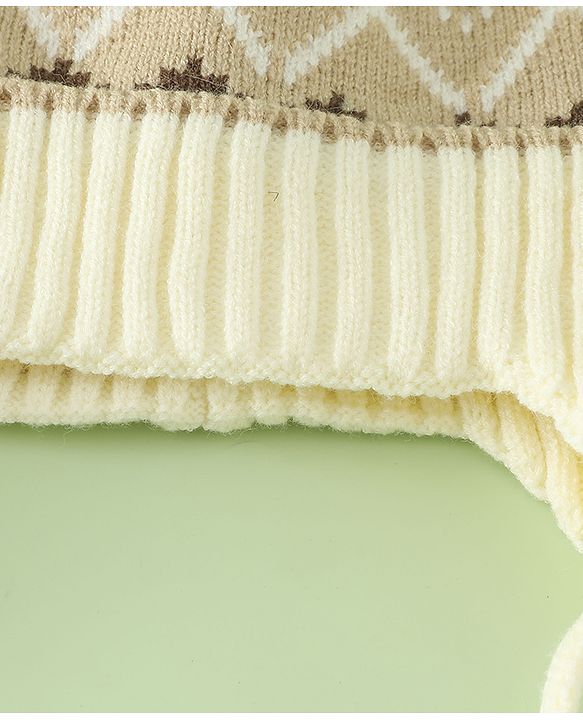 Babyhug Woollen Cap with Knot & Pom Pom with Geometric Design Khaki - Diameter 18.5 cm