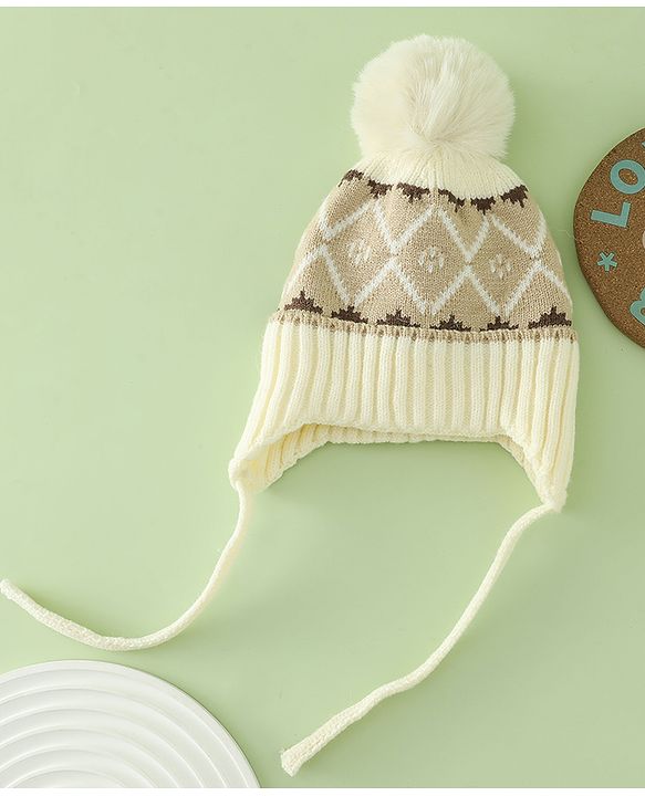 Babyhug Woollen Cap with Knot & Pom Pom with Geometric Design Khaki - Diameter 18.5 cm