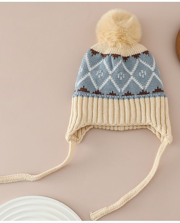 Babyhug Woollen Cap with Knot & Pom Pom with Geometric Design Khaki - Diameter 18.5 cm