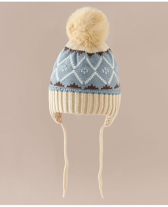Babyhug Woollen Cap with Knot & Pom Pom with Geometric Design Khaki - Diameter 18.5 cm