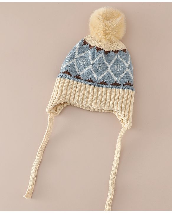 Babyhug Woollen Cap with Knot & Pom Pom with Geometric Design Khaki - Diameter 18.5 cm