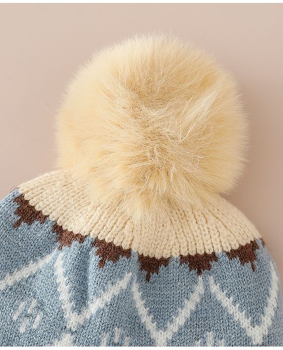 Babyhug Woollen Cap with Knot & Pom Pom with Geometric Design Khaki - Diameter 18.5 cm