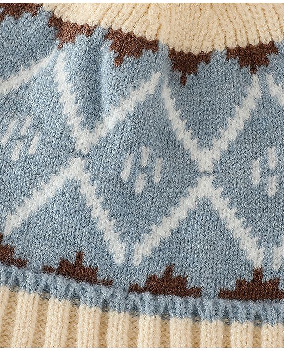 Babyhug Woollen Cap with Knot & Pom Pom with Geometric Design Khaki - Diameter 18.5 cm