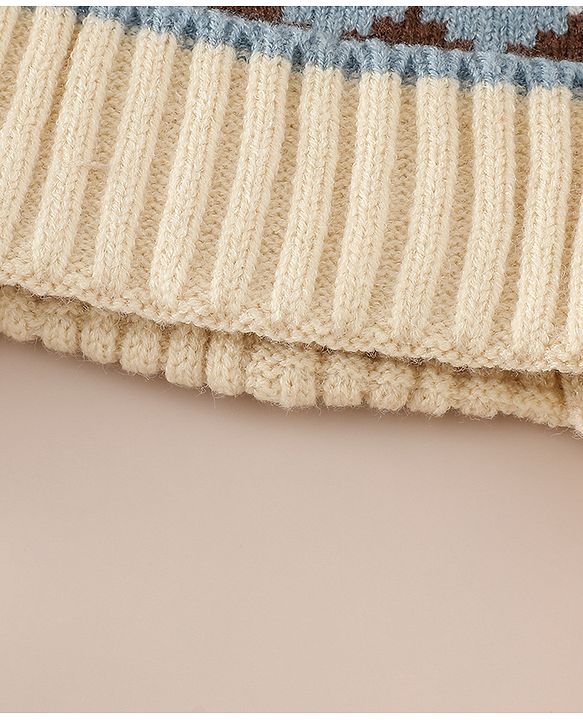 Babyhug Woollen Cap with Knot & Pom Pom with Geometric Design Khaki - Diameter 18.5 cm