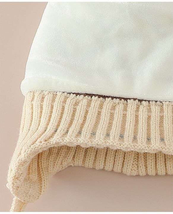 Babyhug Woollen Cap with Knot & Pom Pom with Geometric Design Khaki - Diameter 18.5 cm