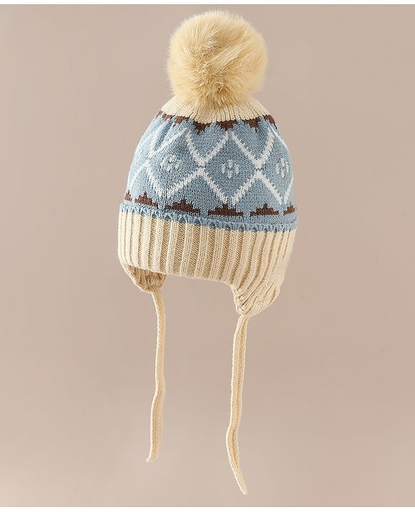 Babyhug Woollen Cap with Knot & Pom Pom with Geometric Design Khaki - Diameter 18.5 cm