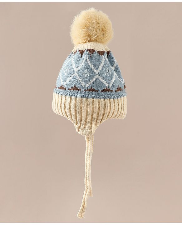 Babyhug Woollen Cap with Knot & Pom Pom with Geometric Design Khaki - Diameter 18.5 cm