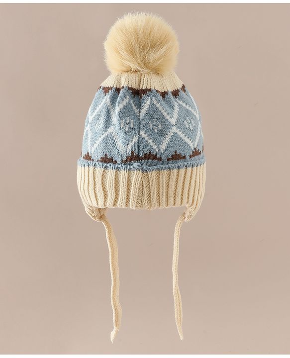 Babyhug Woollen Cap with Knot & Pom Pom with Geometric Design Khaki - Diameter 18.5 cm