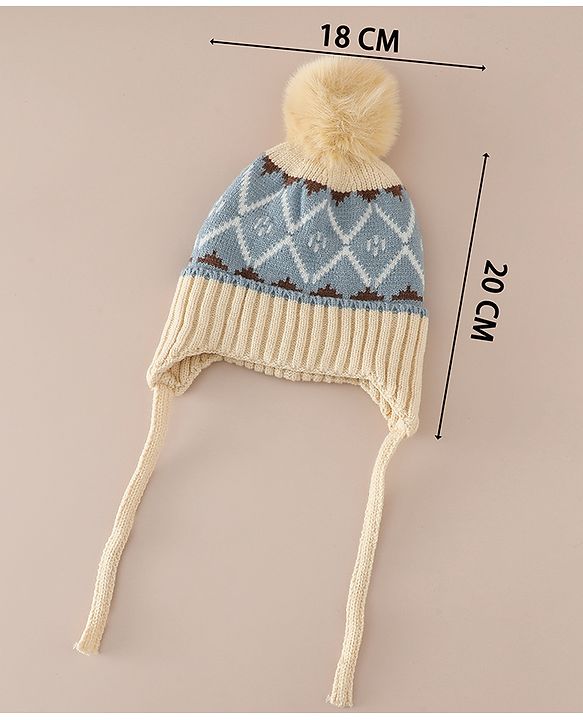 Babyhug Woollen Cap with Knot & Pom Pom with Geometric Design Khaki - Diameter 18.5 cm