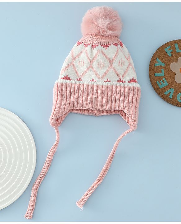 Babyhug Woollen Cap with Knot & Pom Pom with Geometric Design Khaki - Diameter 18.5 cm