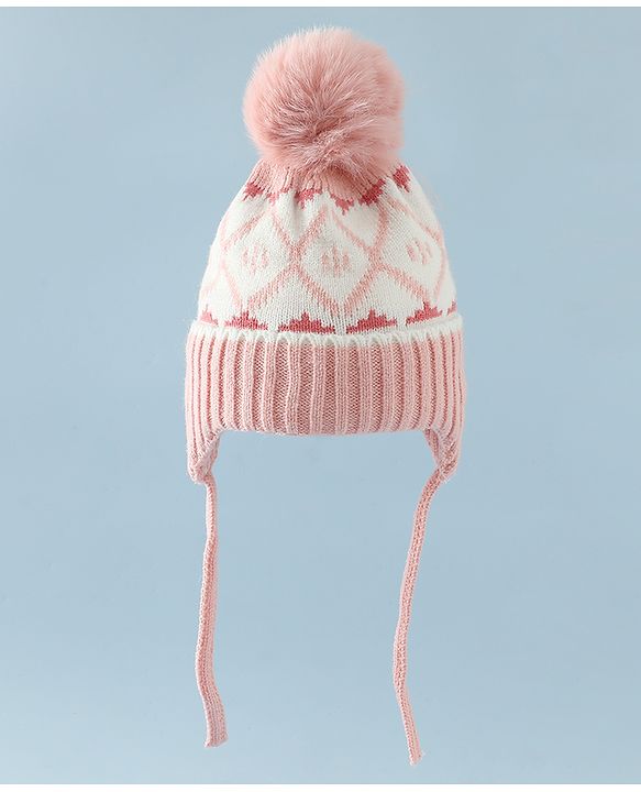 Babyhug Woollen Cap with Knot & Pom Pom with Geometric Design Khaki - Diameter 18.5 cm