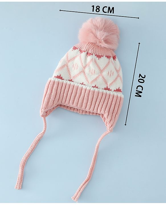 Babyhug Woollen Cap with Knot & Pom Pom with Geometric Design Khaki - Diameter 18.5 cm