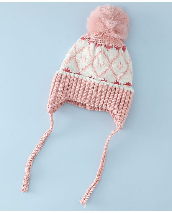 Babyhug Woollen Cap with Knot & Pom Pom with Geometric Design Khaki - Diameter 18.5 cm