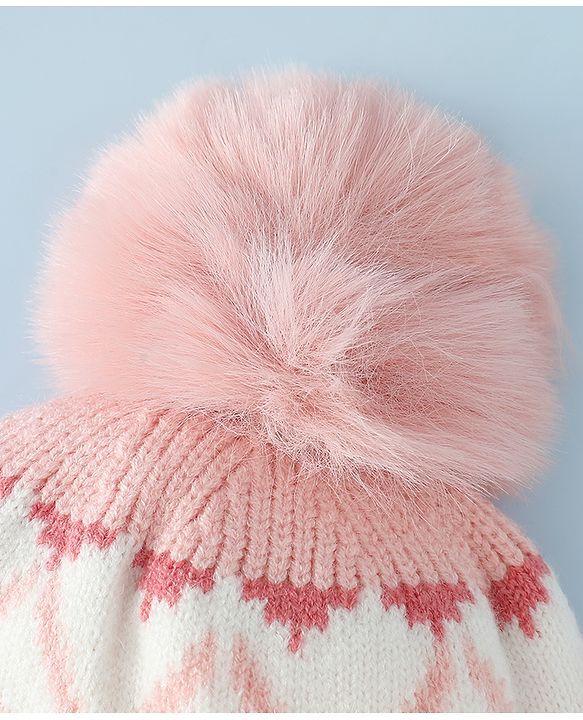 Babyhug Woollen Cap with Knot & Pom Pom with Geometric Design Khaki - Diameter 18.5 cm